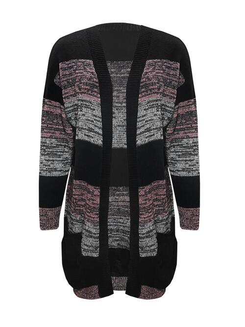 Striped Open Front Long Sleeve Cardigan with Pockets Print on any thing USA/STOD clothes