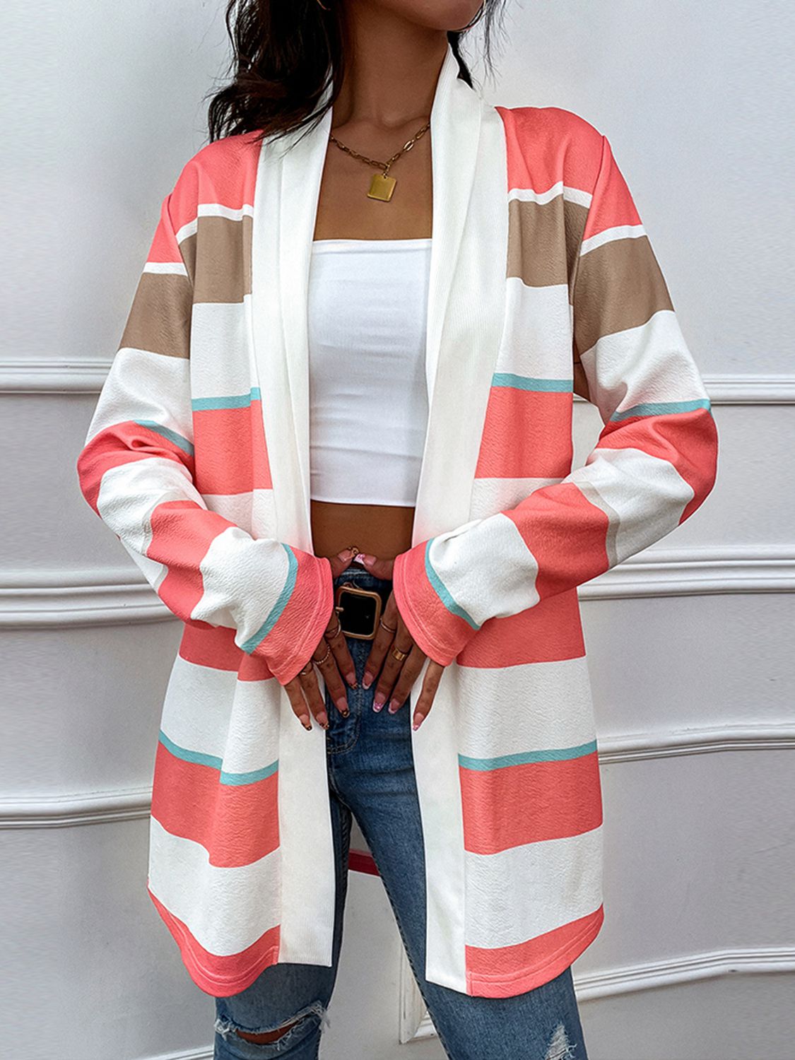 Striped Open Front Longline Cardigan Print on any thing USA/STOD clothes