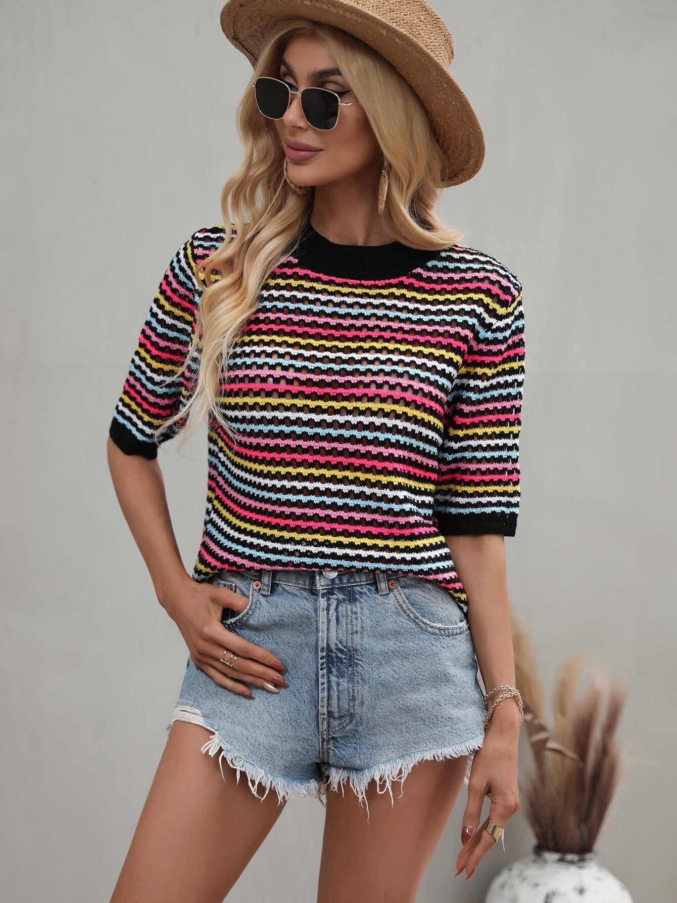 Striped Openwork Half Sleeve Knit Top Print on any thing USA/STOD clothes