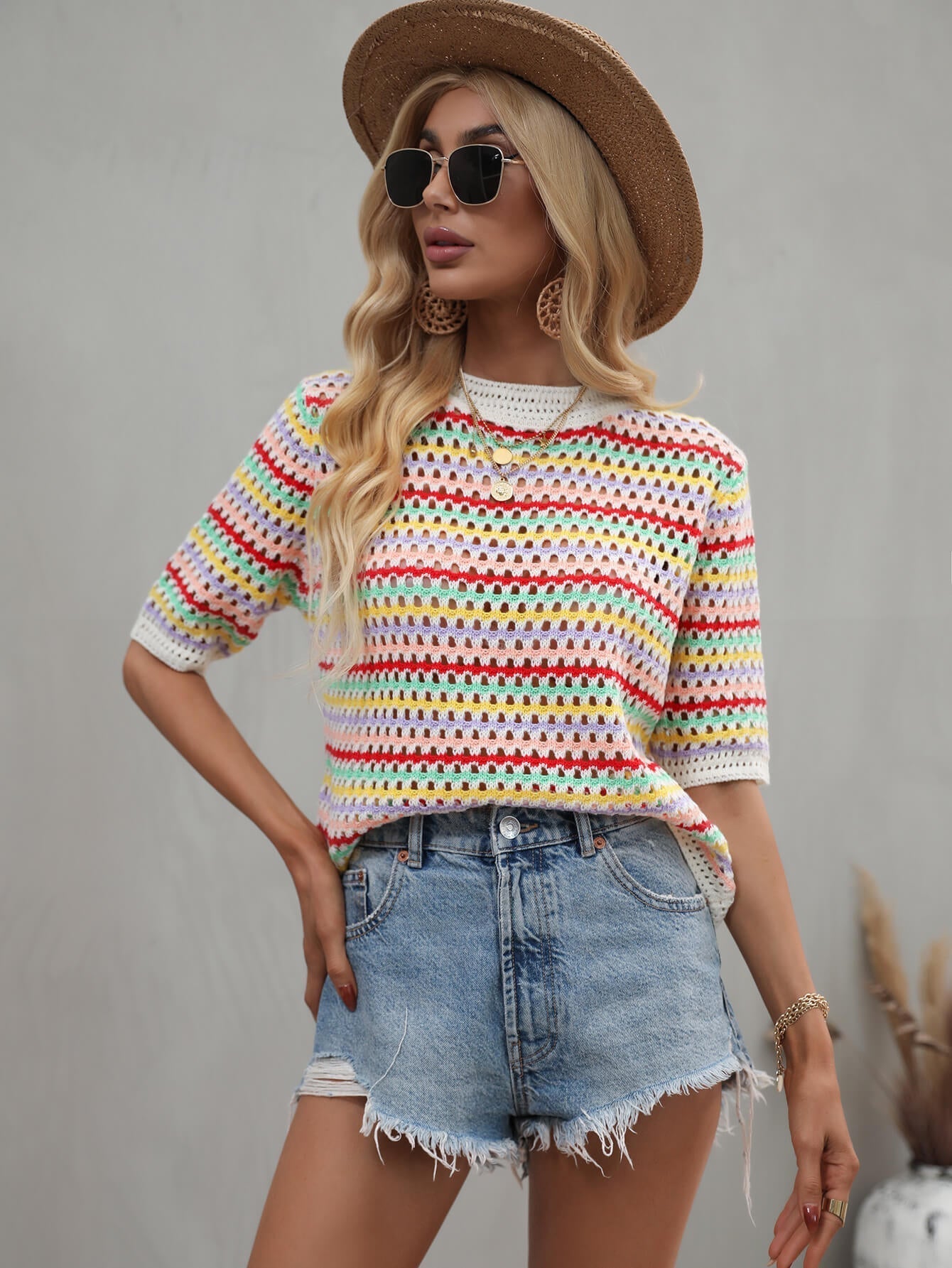 Striped Openwork Half Sleeve Knit Top Print on any thing USA/STOD clothes