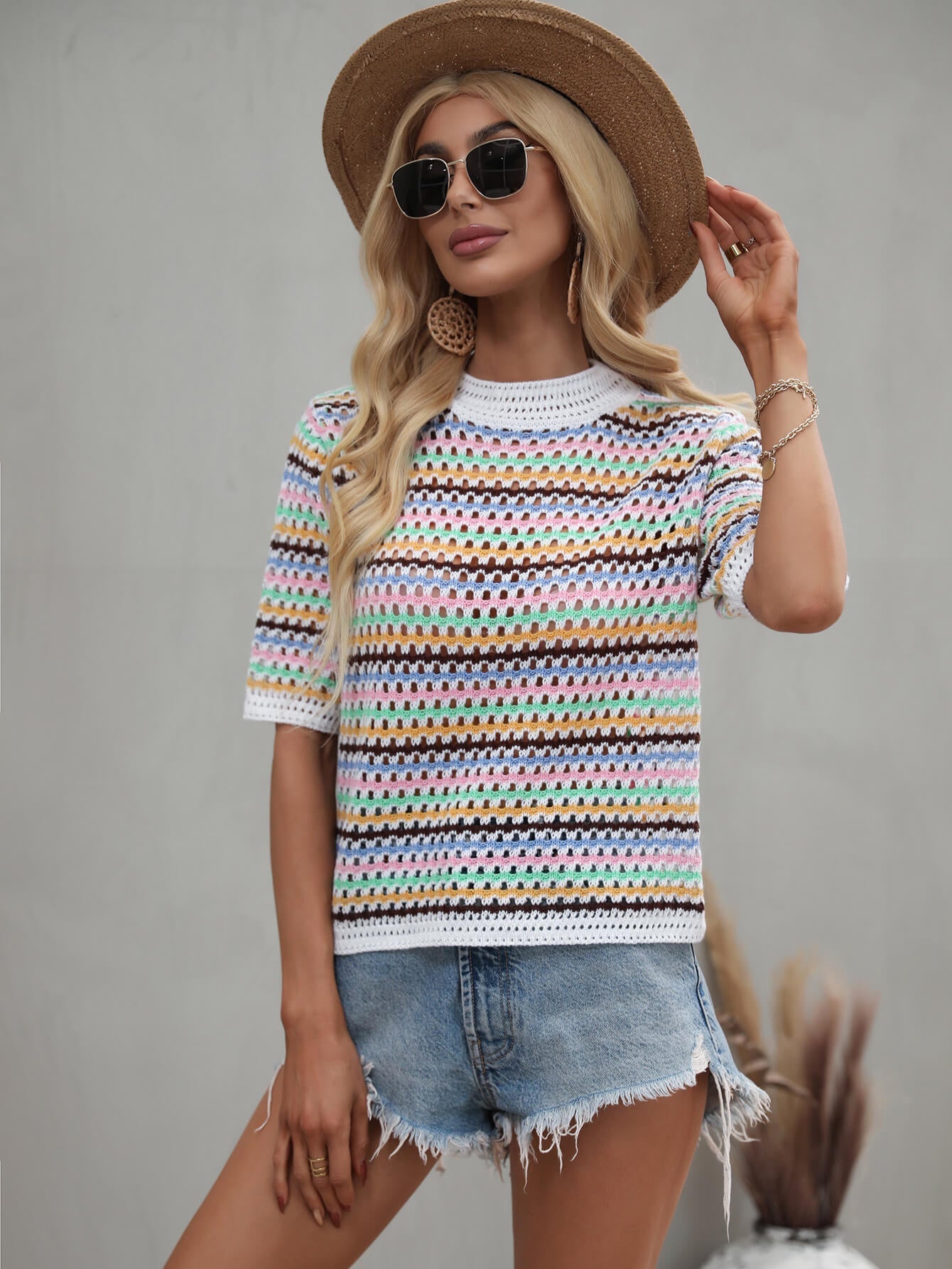 Striped Openwork Half Sleeve Knit Top Print on any thing USA/STOD clothes