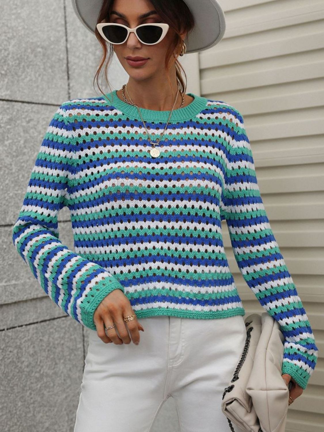 Striped Openwork Long-Sleeve Knit Pullover Print on any thing USA/STOD clothes