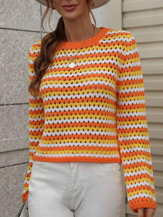 Striped Openwork Long-Sleeve Knit Pullover Print on any thing USA/STOD clothes