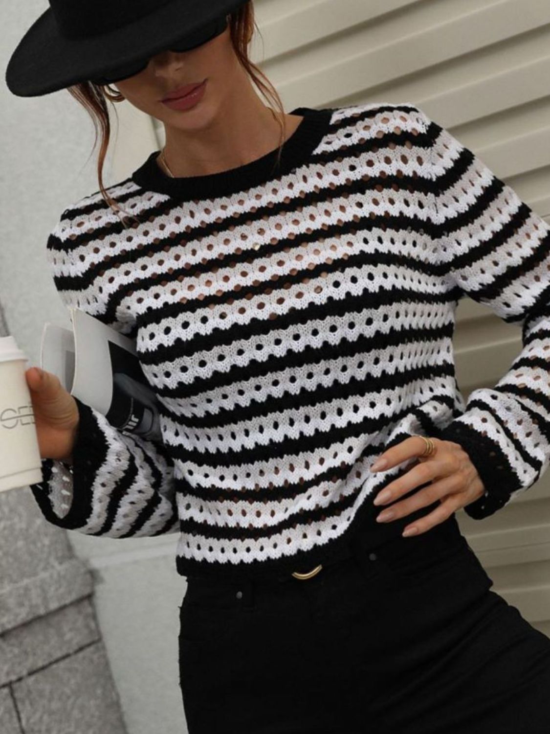 Striped Openwork Long-Sleeve Knit Pullover Print on any thing USA/STOD clothes