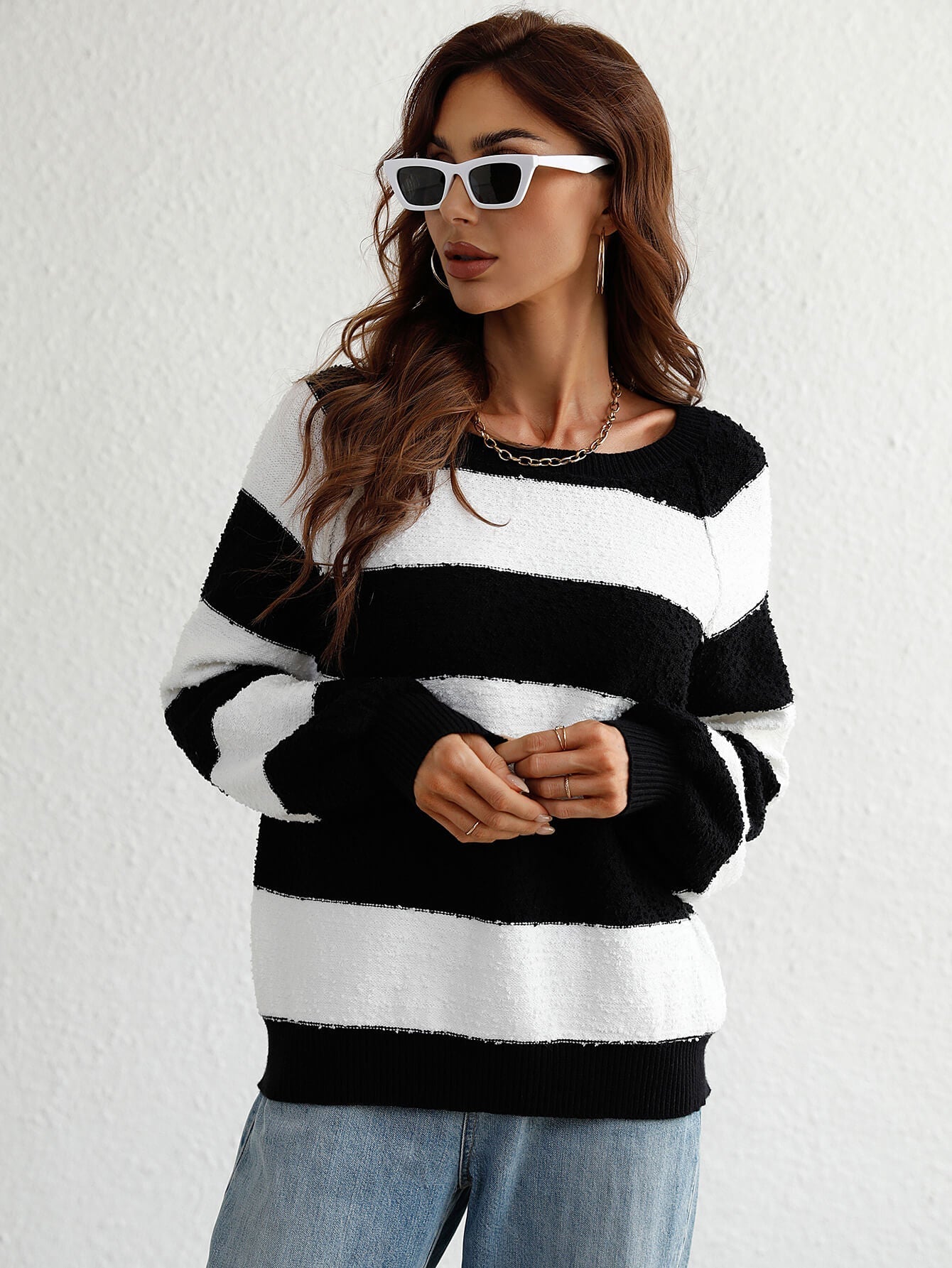Striped Raglan Sleeve Ribbed Trim Knit Top Print on any thing USA/STOD clothes