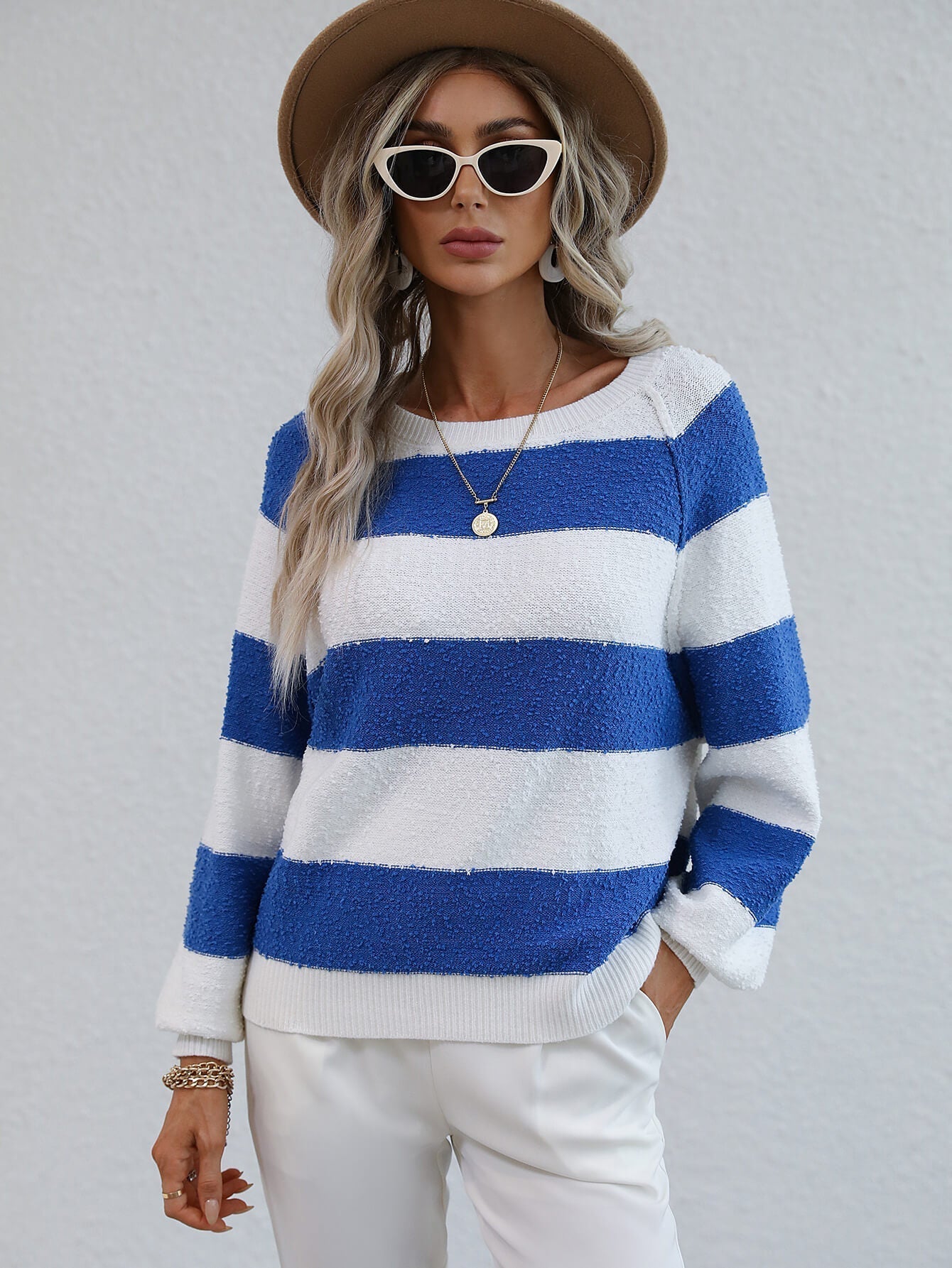 Striped Raglan Sleeve Ribbed Trim Knit Top Print on any thing USA/STOD clothes