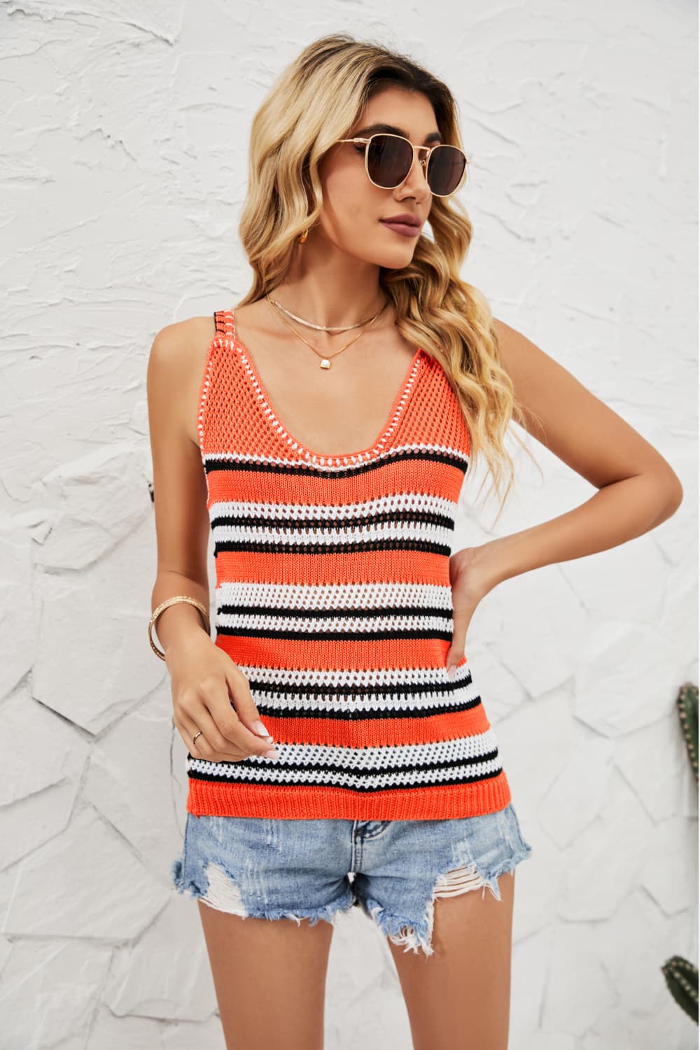 Striped Ribbed Trim Knit Tank Print on any thing USA/STOD clothes