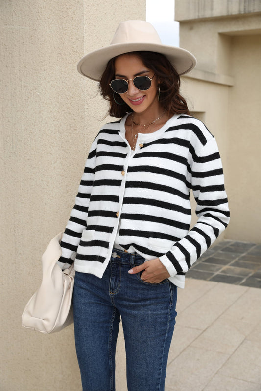 Striped Round Neck Button-Down Dropped Shoulder Cardigan Print on any thing USA/STOD clothes