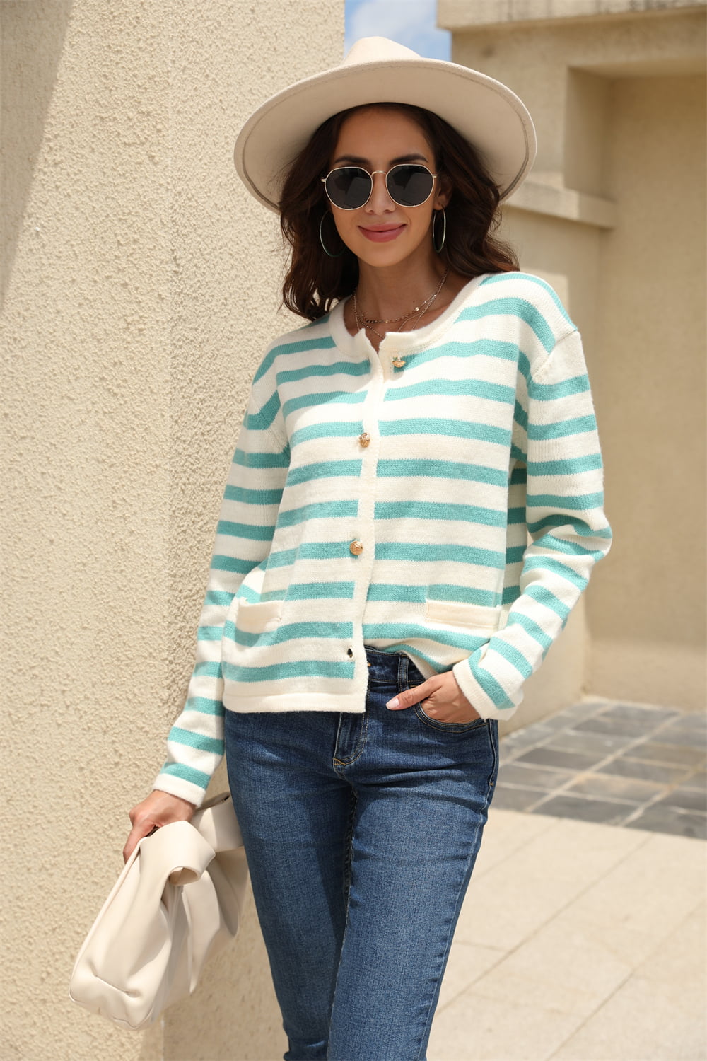 Striped Round Neck Button-Down Dropped Shoulder Cardigan Print on any thing USA/STOD clothes