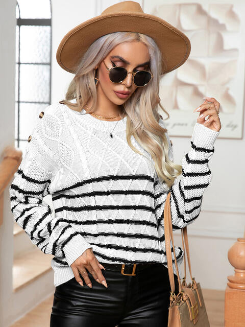 Striped Round Neck Cable-Knit Sweater Print on any thing USA/STOD clothes