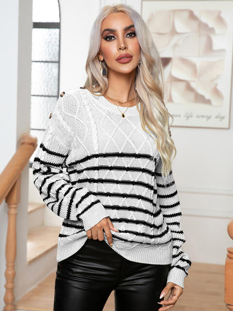 Striped Round Neck Cable-Knit Sweater Print on any thing USA/STOD clothes
