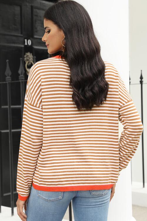 Striped Round Neck Drop Shoulder T-Shirt Print on any thing USA/STOD clothes