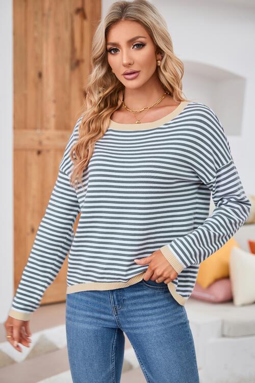 Striped Round Neck Drop Shoulder T-Shirt Print on any thing USA/STOD clothes