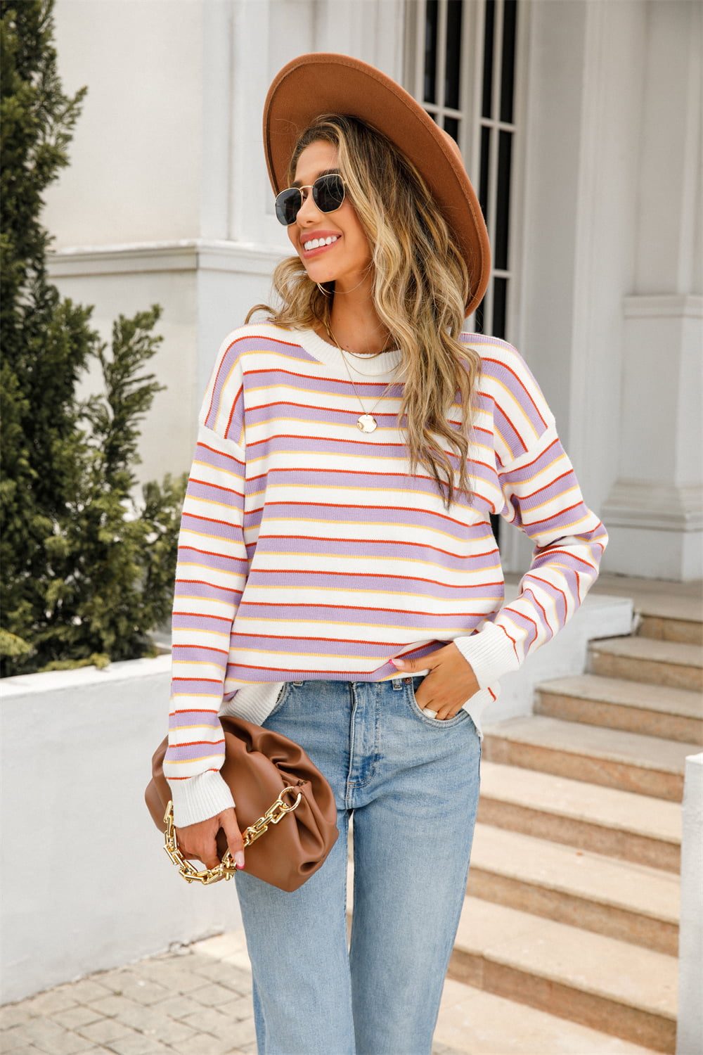 Striped Round Neck Dropped Shoulder Knit Top Print on any thing USA/STOD clothes