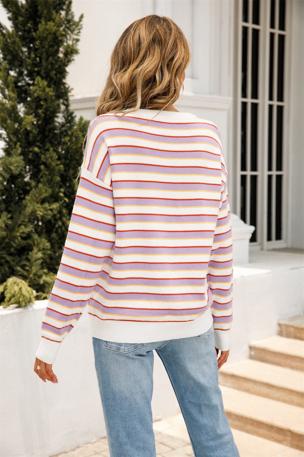 Striped Round Neck Dropped Shoulder Knit Top Print on any thing USA/STOD clothes