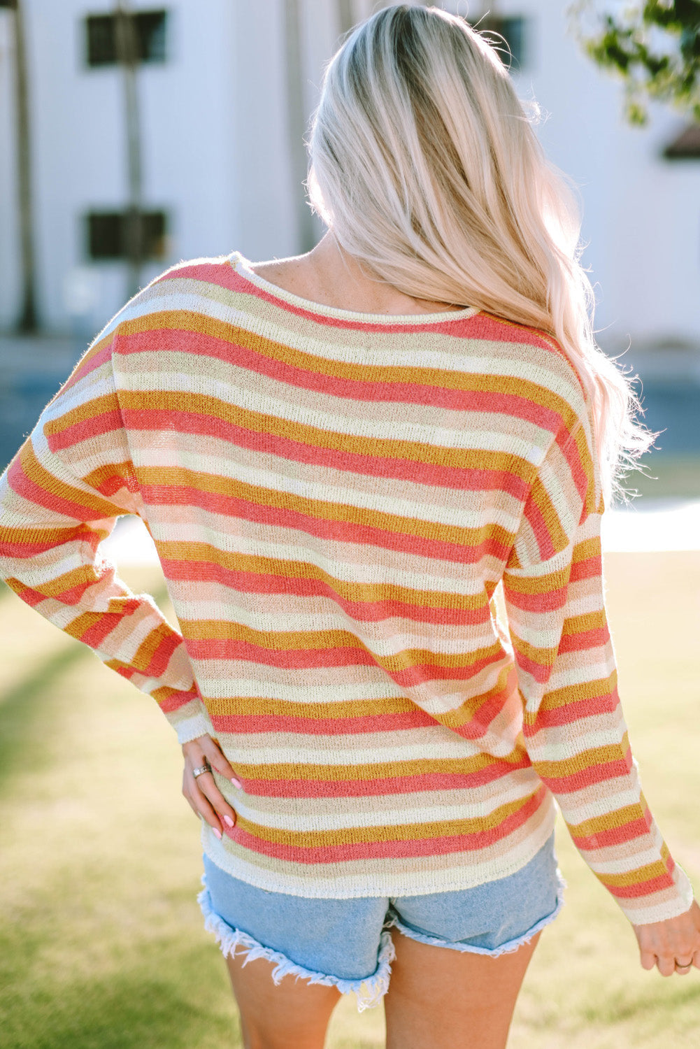 Striped Round Neck Dropped Shoulder Pullover Sweater Print on any thing USA/STOD clothes