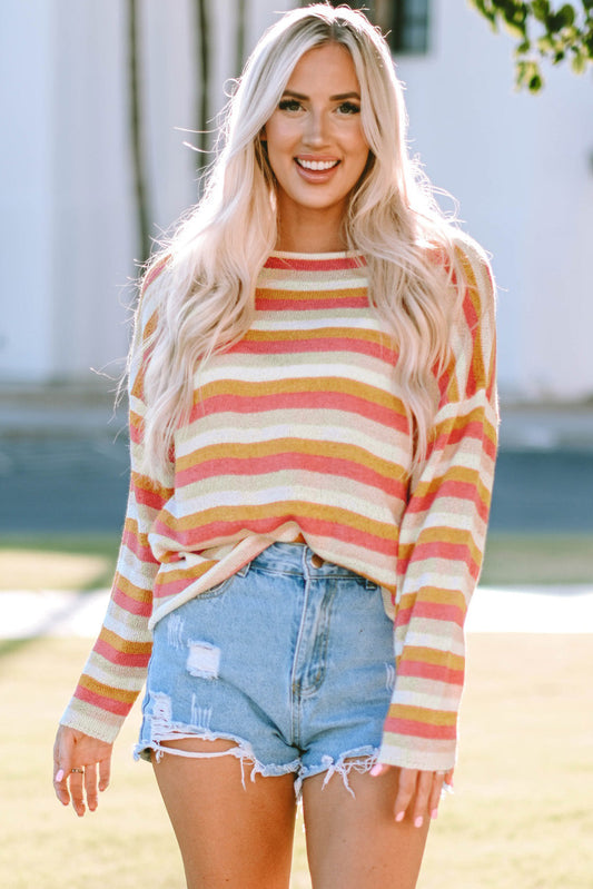 Striped Round Neck Dropped Shoulder Pullover Sweater Print on any thing USA/STOD clothes