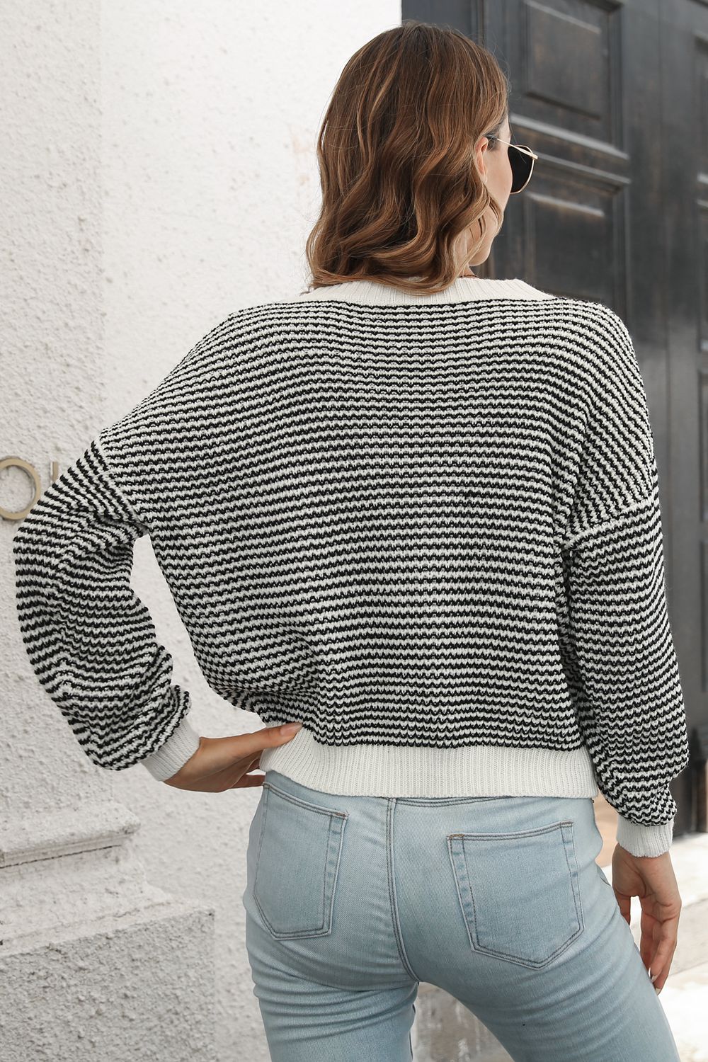 Striped Round Neck Dropped Shoulder Sweater Print on any thing USA/STOD clothes