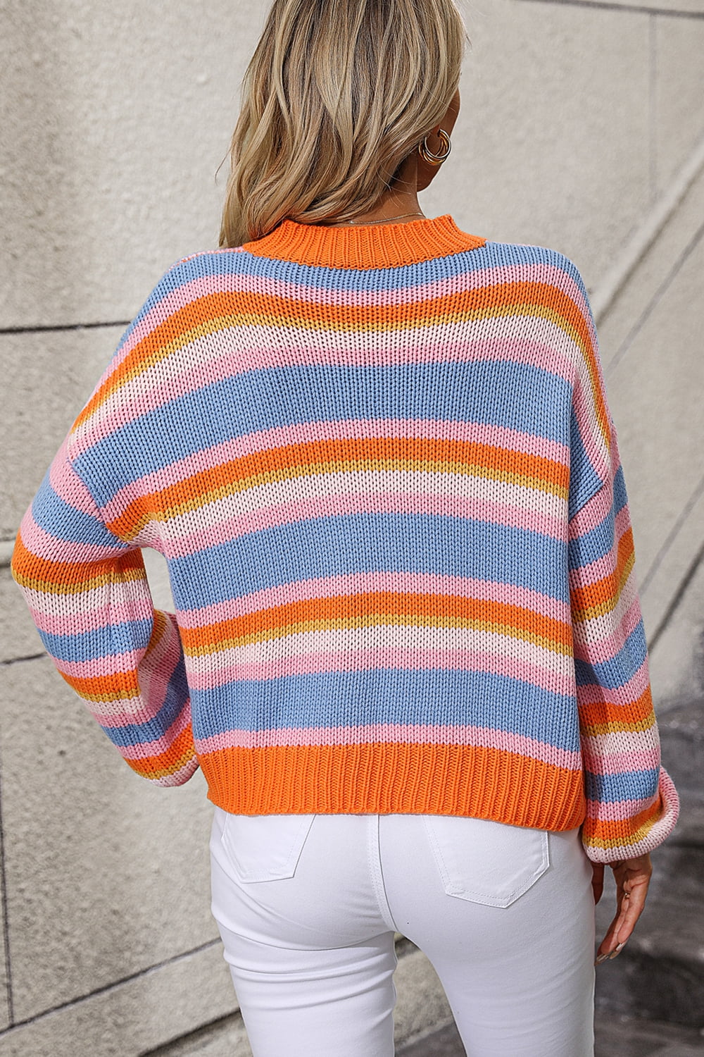 Striped Round Neck Dropped Shoulder Sweater Print on any thing USA/STOD clothes