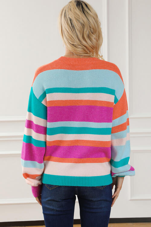 Striped Round Neck Long Sleeve Knit Top Print on any thing USA/STOD clothes