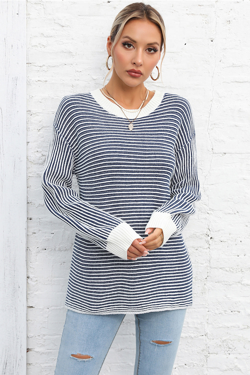 Striped Round Neck Long Sleeve Knit Top Print on any thing USA/STOD clothes