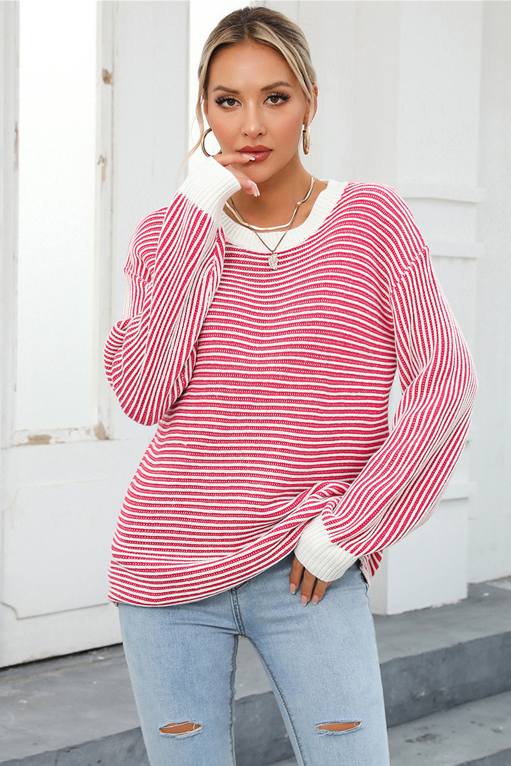 Striped Round Neck Long Sleeve Knit Top Print on any thing USA/STOD clothes