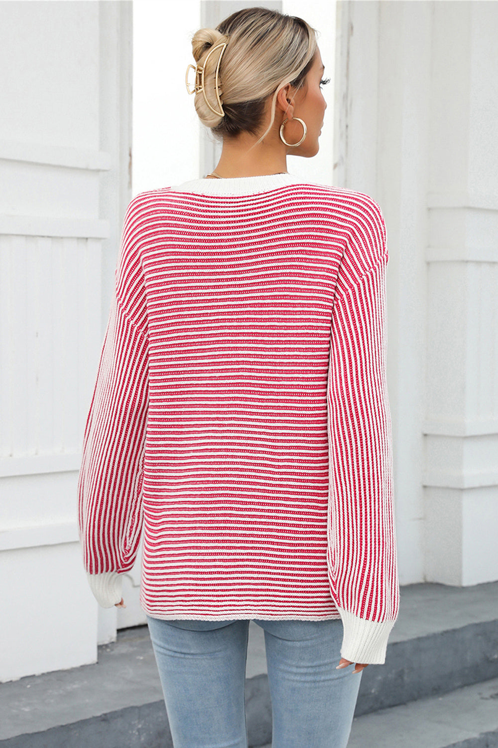 Striped Round Neck Long Sleeve Knit Top Print on any thing USA/STOD clothes