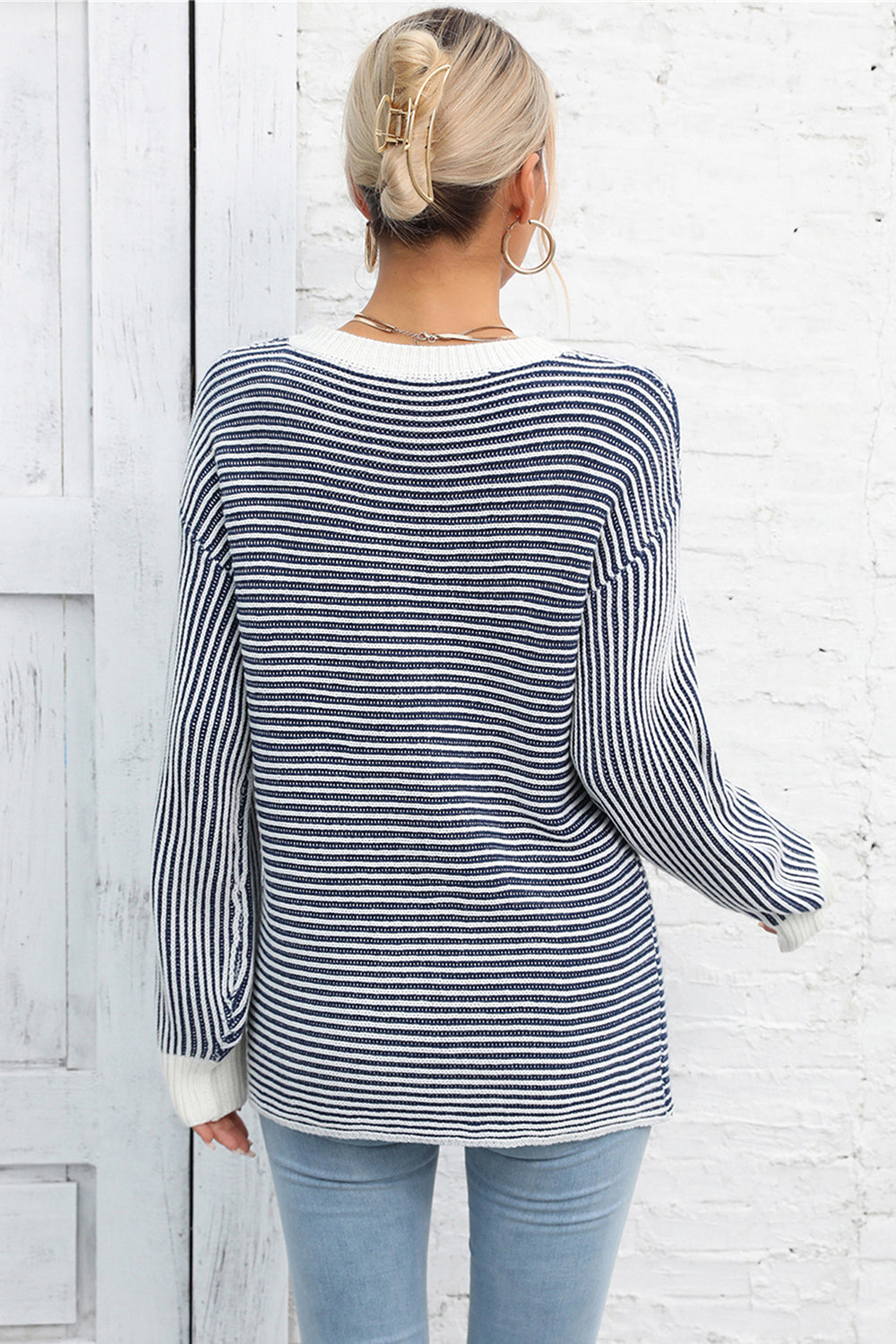 Striped Round Neck Long Sleeve Knit Top Print on any thing USA/STOD clothes