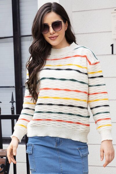 Striped Round Neck Long Sleeve Sweater Print on any thing USA/STOD clothes