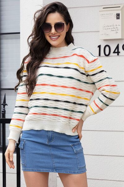 Striped Round Neck Long Sleeve Sweater Print on any thing USA/STOD clothes