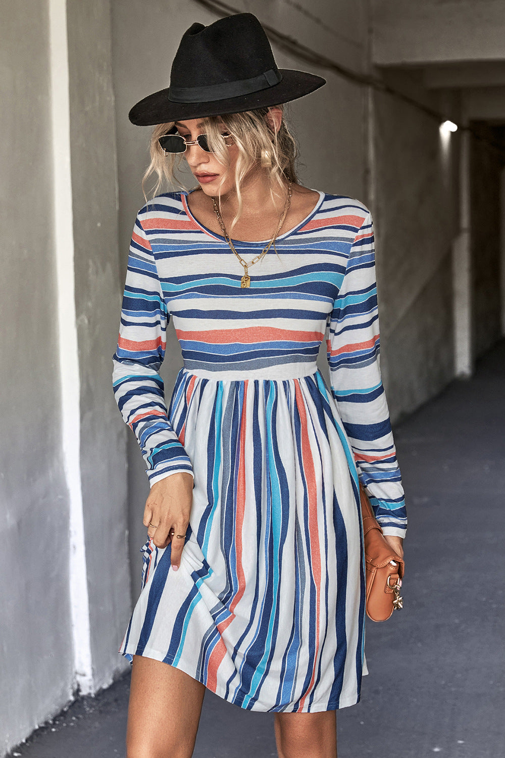 Striped Round Neck Long Sleeve Tee Dress Print on any thing USA/STOD clothes
