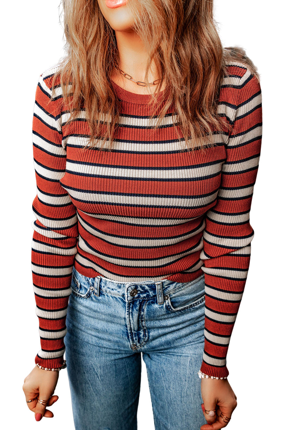 Striped Round Neck Long Sleeve Top Print on any thing USA/STOD clothes