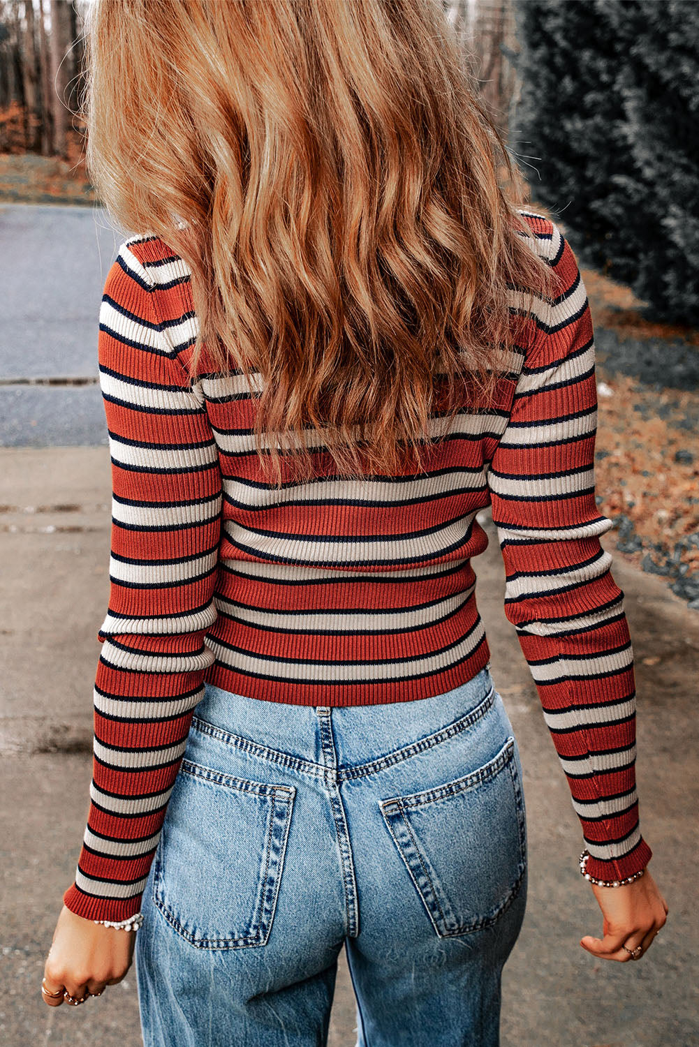 Striped Round Neck Long Sleeve Top Print on any thing USA/STOD clothes