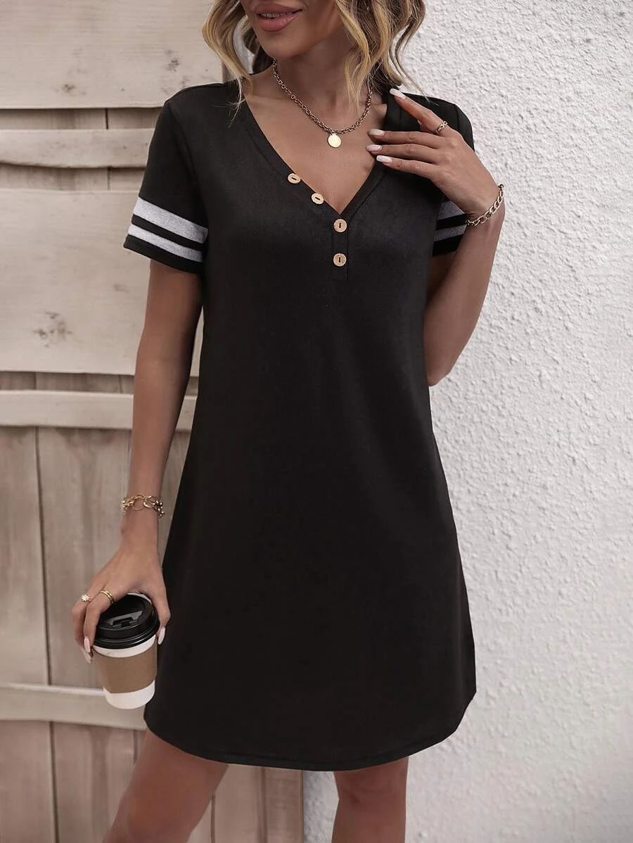Striped Short Sleeve Decorative Button Dress Print on any thing USA/STOD clothes