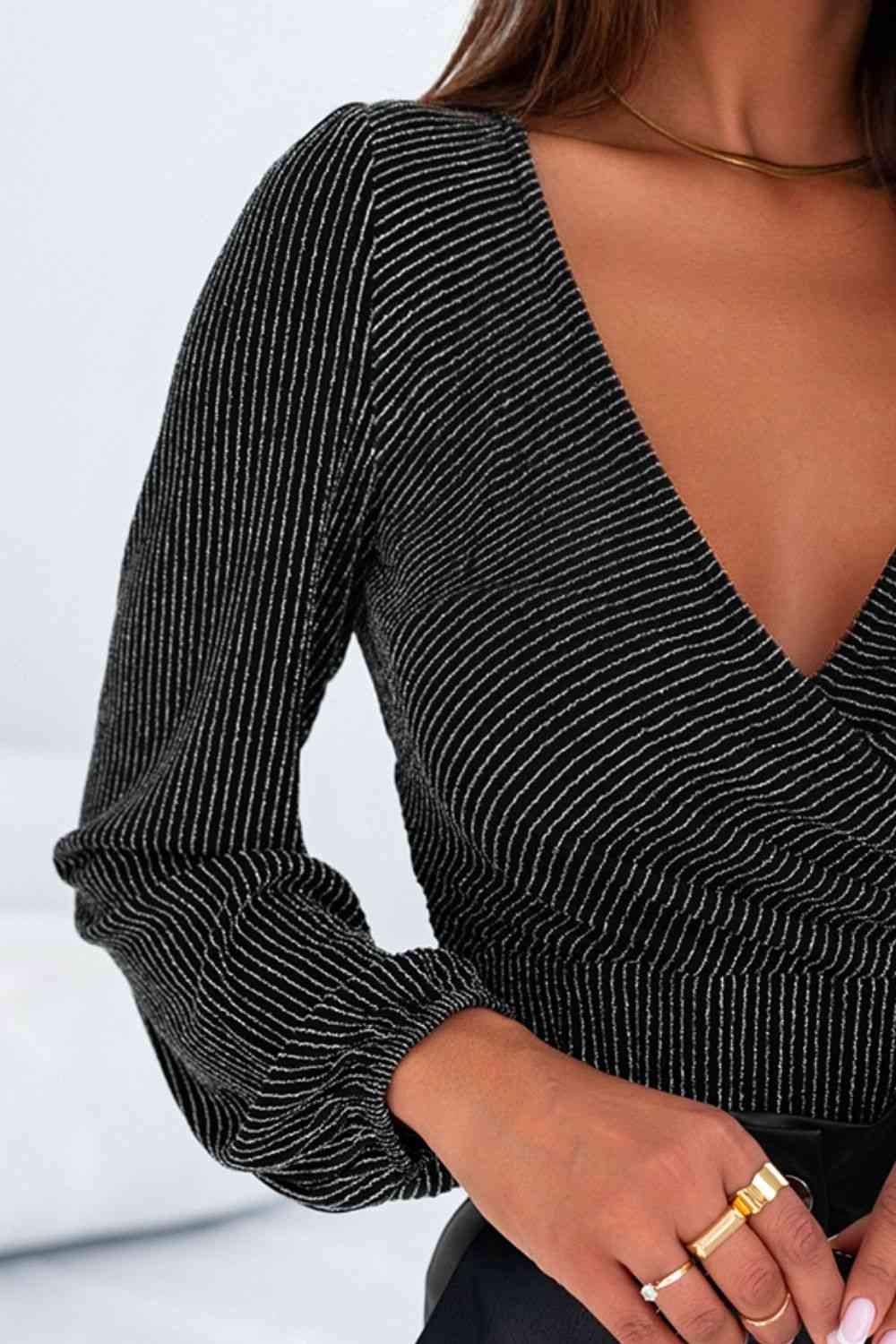 Striped Surplice Long Sleeve Bodysuit Print on any thing USA/STOD clothes