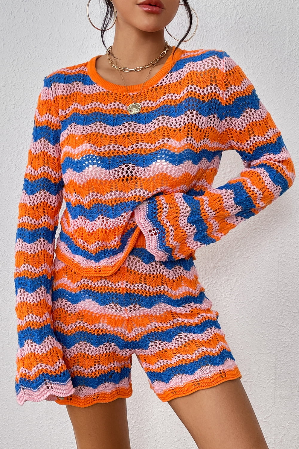 Striped Sweater and Knit Shorts Set Print on any thing USA/STOD clothes