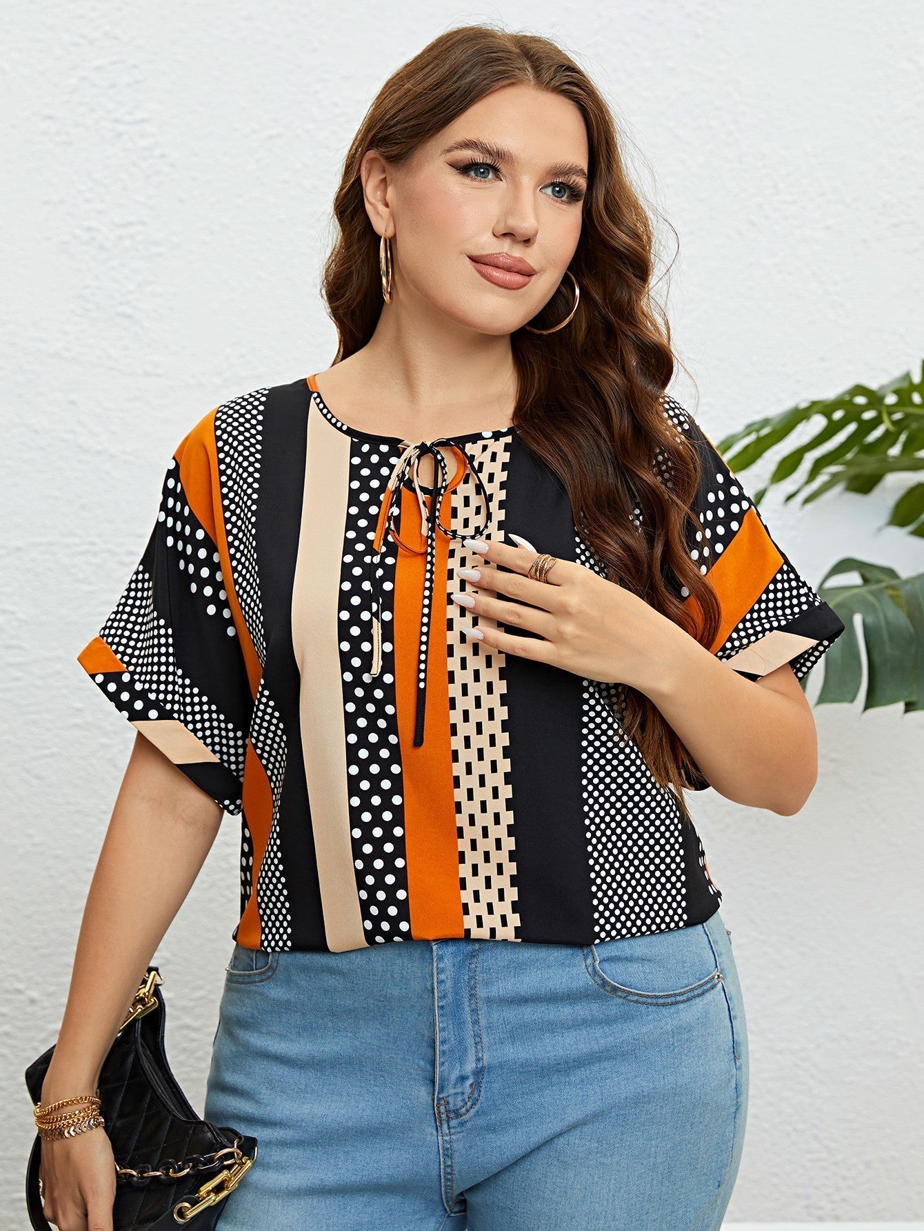 Striped Tie Neck Blouse Print on any thing USA/STOD clothes