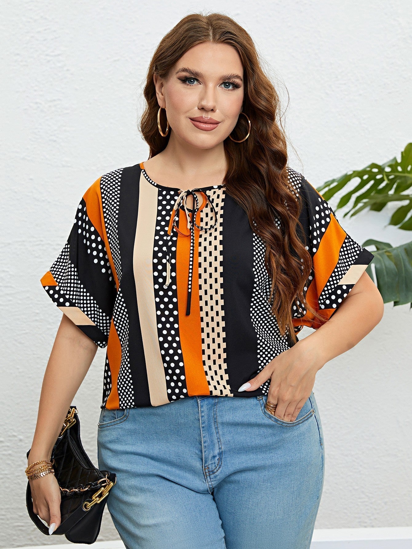 Striped Tie Neck Blouse Print on any thing USA/STOD clothes