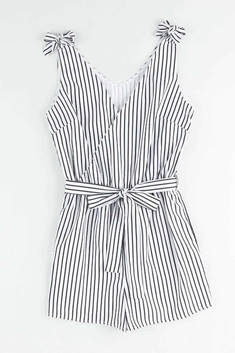 Striped Tie-Shoulder Belted Surplice Romper Print on any thing USA/STOD clothes