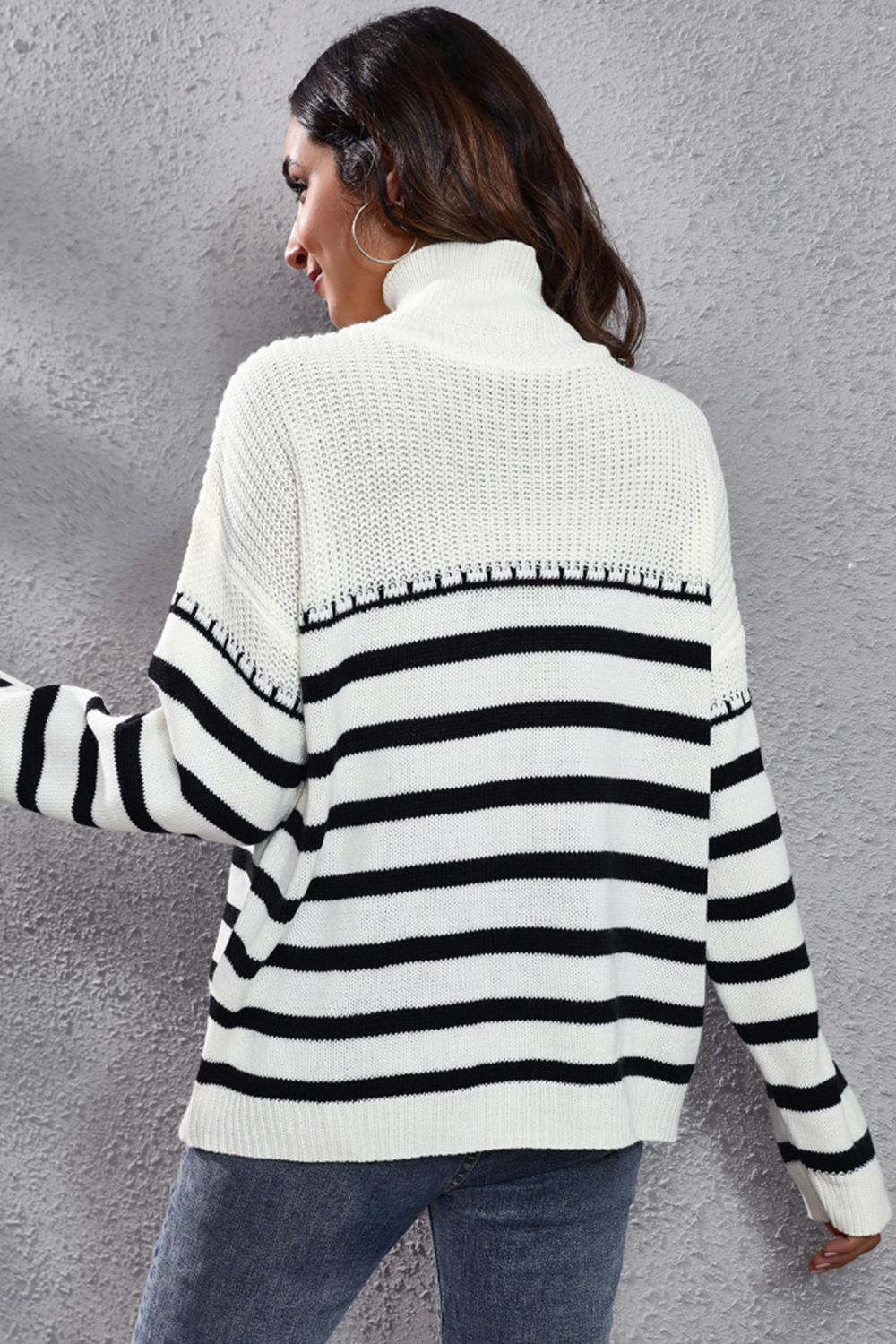 Striped Turtleneck Drop Shoulder Sweater Print on any thing USA/STOD clothes