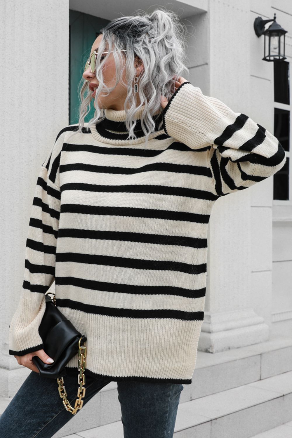 Striped Turtleneck Drop Shoulder Sweater Print on any thing USA/STOD clothes