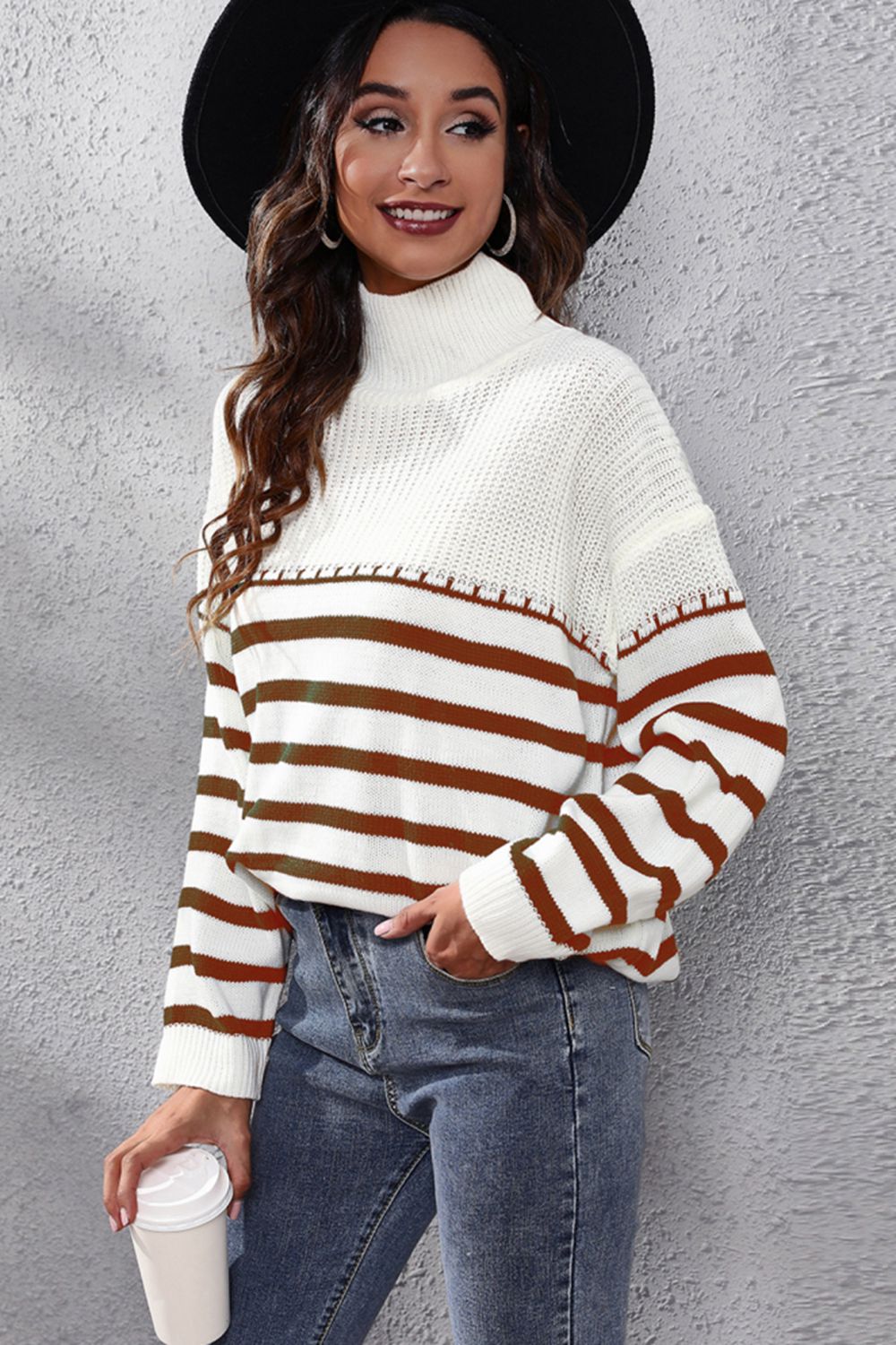 Striped Turtleneck Drop Shoulder Sweater Print on any thing USA/STOD clothes