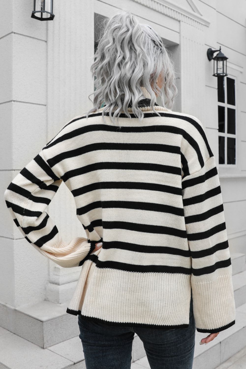 Striped Turtleneck Drop Shoulder Sweater Print on any thing USA/STOD clothes