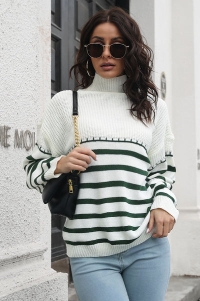 Striped Turtleneck Drop Shoulder Sweater Print on any thing USA/STOD clothes