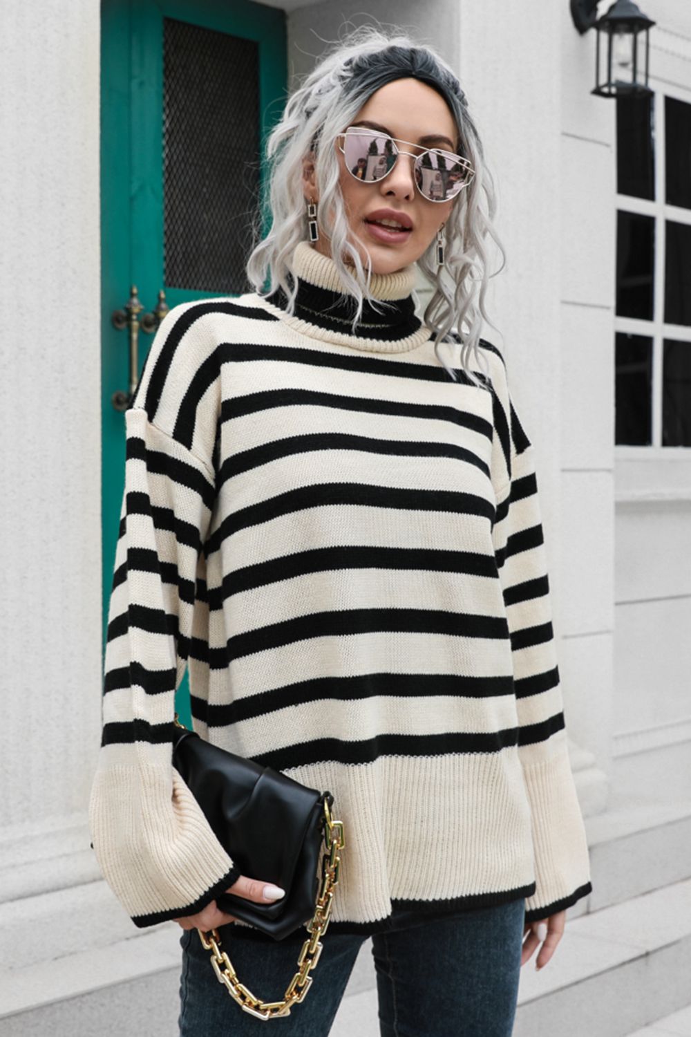 Striped Turtleneck Drop Shoulder Sweater Print on any thing USA/STOD clothes