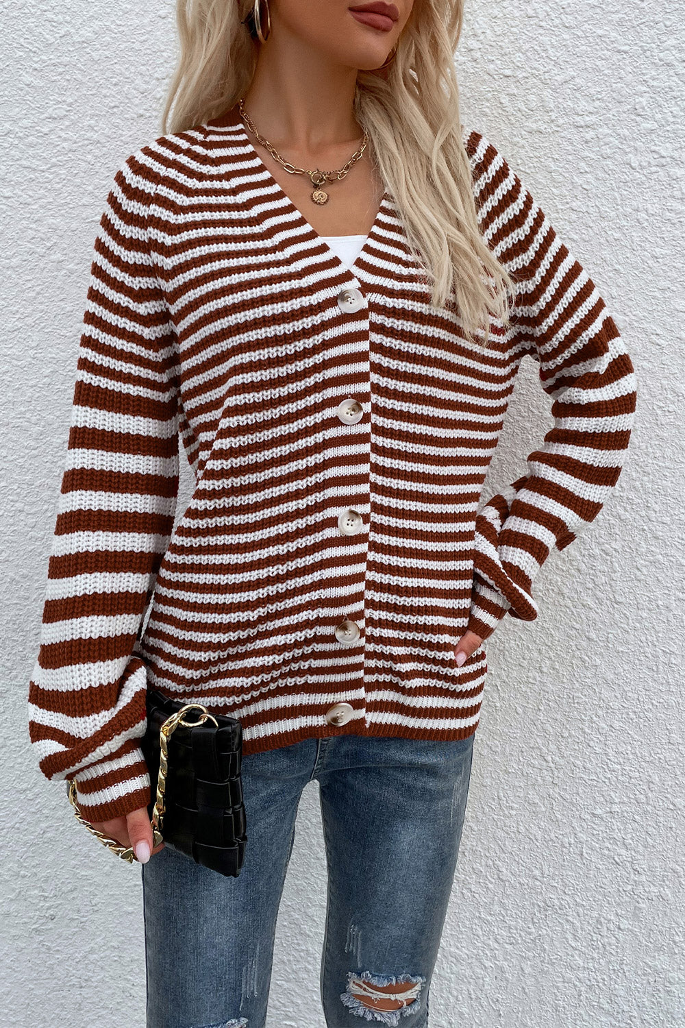 Striped V-Neck Button-Down Cardigan Print on any thing USA/STOD clothes