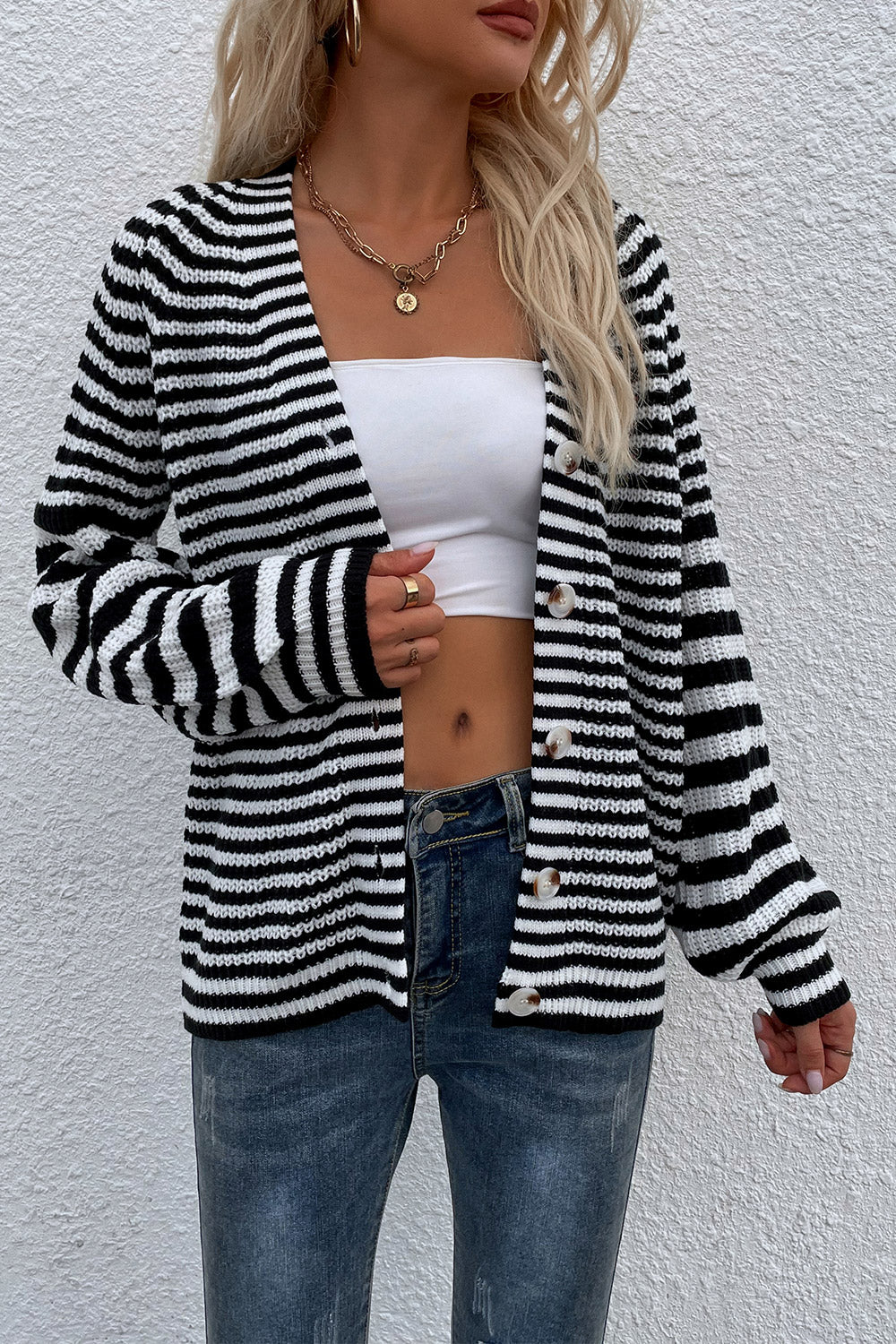 Striped V-Neck Button-Down Cardigan Print on any thing USA/STOD clothes