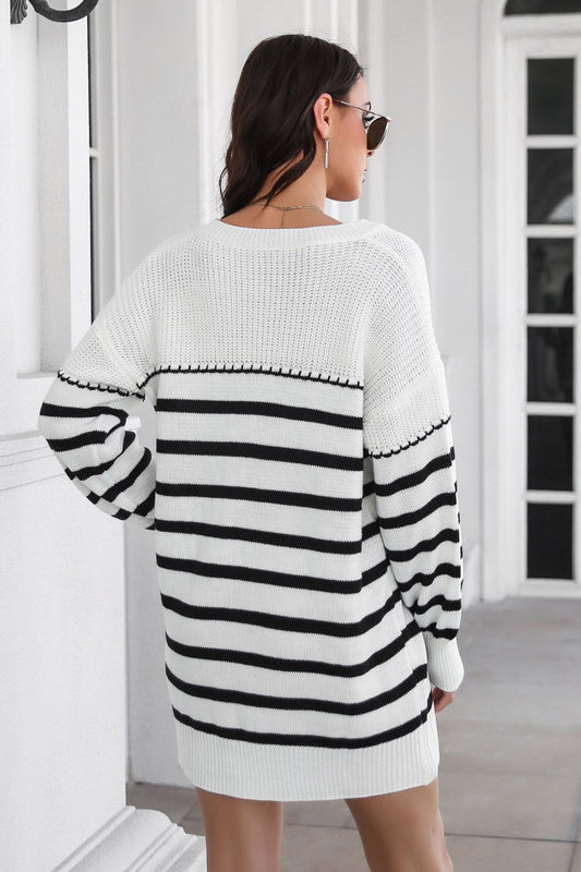 Striped V-Neck Drop Shulder Sweater Dress Print on any thing USA/STOD clothes