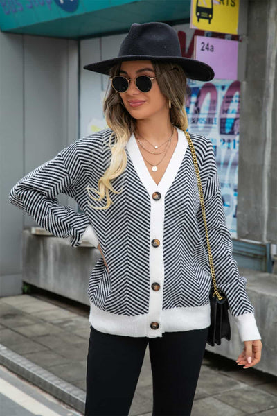 Striped V-Neck Dropped Shoulder Button-Up Cardigan Print on any thing USA/STOD clothes