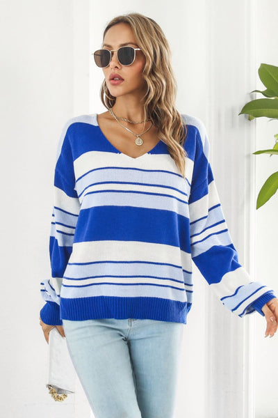 Striped V-Neck Dropped Shoulder Sweater Print on any thing USA/STOD clothes